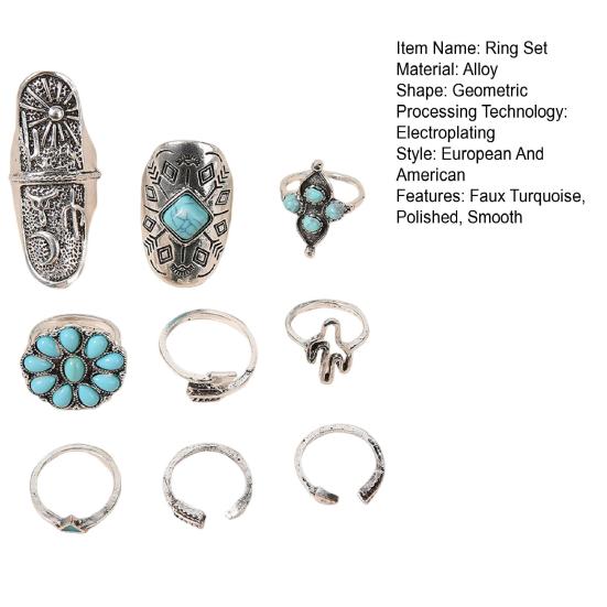 9 шт./компл. набор женских колец в форме цветка кактуса неправильной формы, искусственная бирюза, полированная