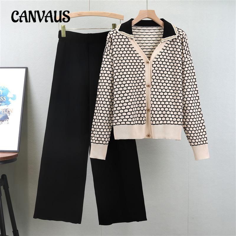 Spring Women Plaid V Neck Style Knit Cardigan Fashion Wide Leg Pants Two Piece Set