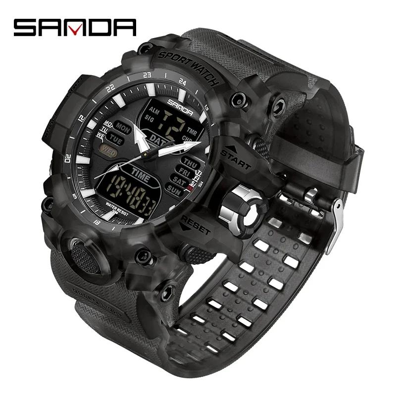 SANDA 6126 Цифровые часы Двойной дисплей Мужские часы Водонепроницаемые Спортивные часы Военный Мужчина Будильник Секундомер Кварцевые наручные часы Мужской