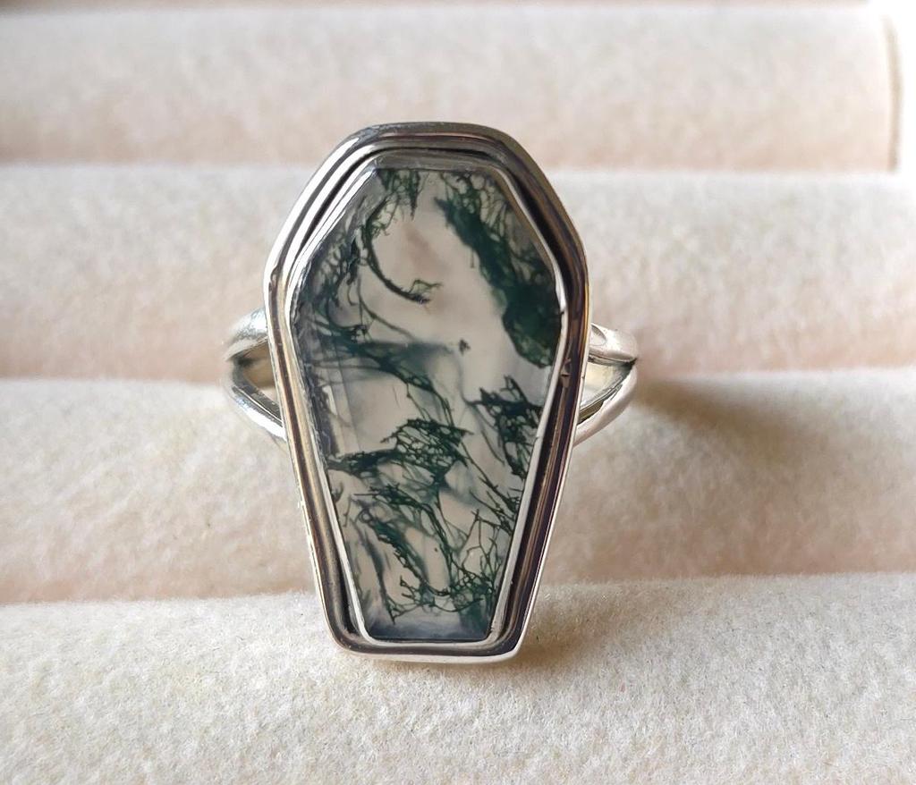 Coffin Ring, Moss Agate Ring, 925 Sterling Solid Silver Ring, Handmade Jewelry, Boho Ring, Green Gemstone Ring, Statement Ring, Promise Ring
