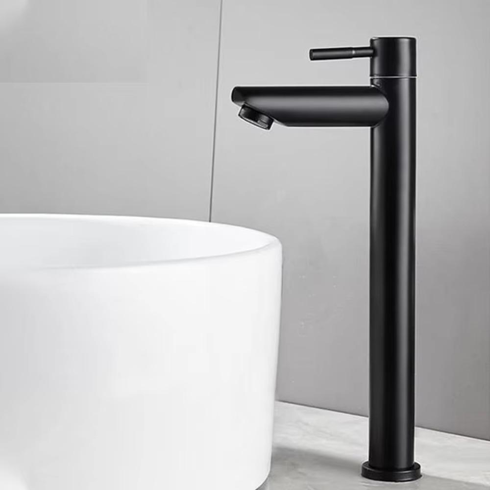 Quick Open Single Cold Faucet Silver/Black Sink Water Tap Heighten Washbasin Faucet  Hotel