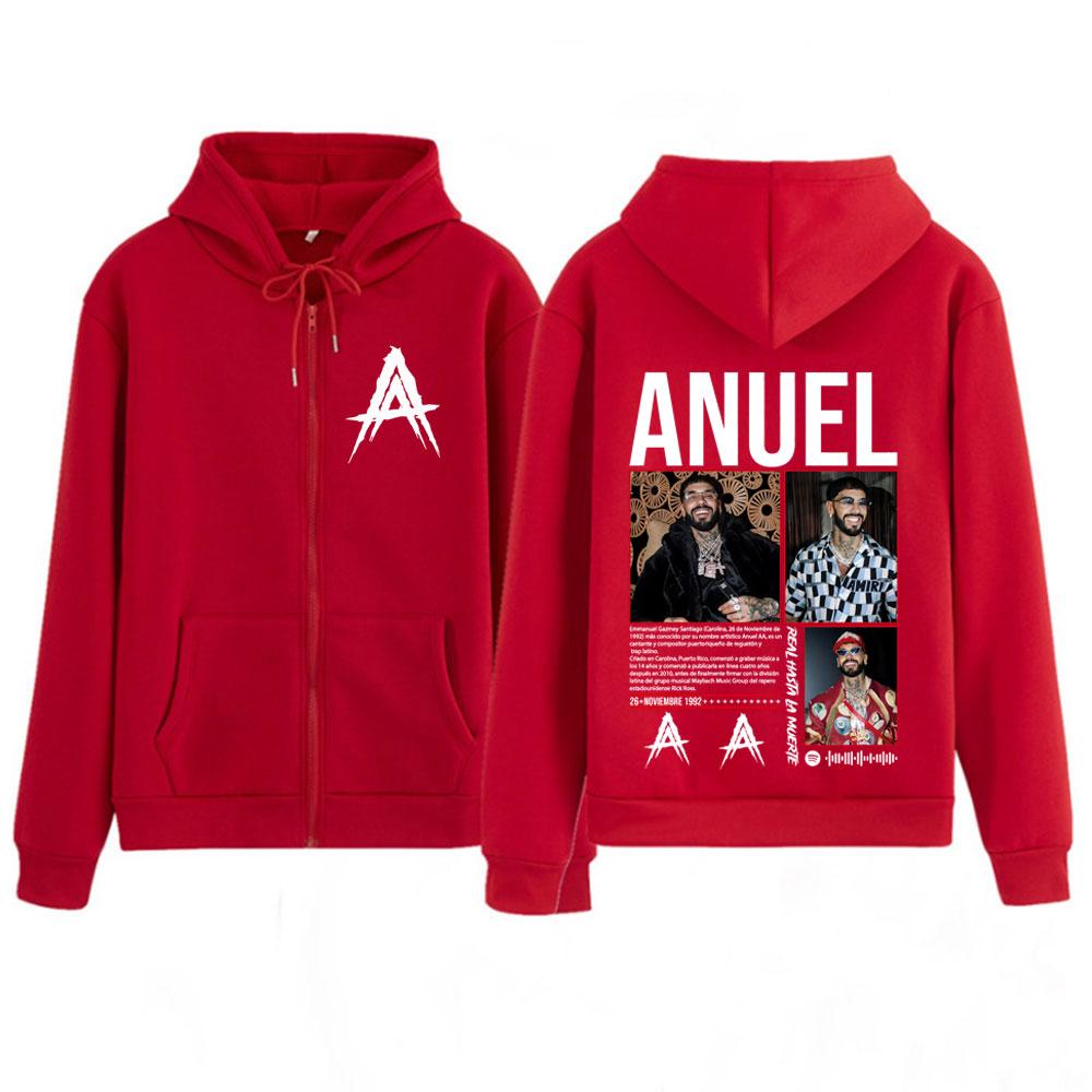 Rapper Anuel AA Album Tour Vintage Graphic Zipper Hoodie Men Women Fashion Long-sleeved Casual Hip-hop Zip Up Sweatshirts