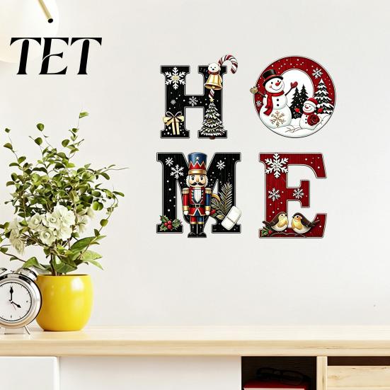 Christmas Wall Decorations 4Pcs HOME Wooden Letter Decor, Hanging Sign with Nutcracker Snowman Waterproof Porch Ornaments Tree Art, Farmhouse Holiday