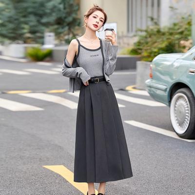 Модный комплект платья женский весенний новый жилет на бретелях кардиган с юбкой комплект из трех предметов