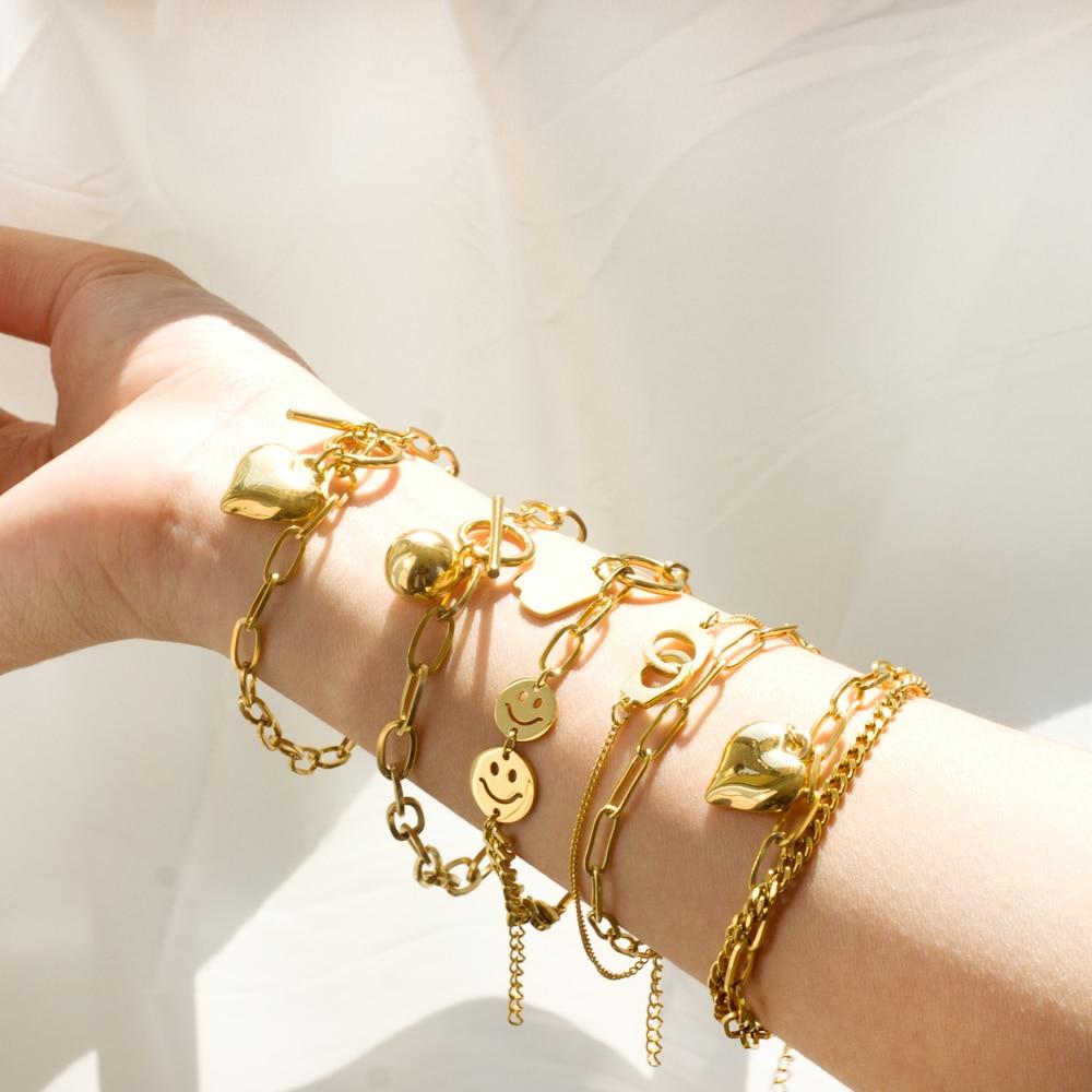 LUXUSTEEL браслет-подвеска в виде сердца и монеты из нержавеющей стали для женщин и девочек, золотой цвет, кубинский браслет-цепочка, ювелирное изделие, подарок 20 см