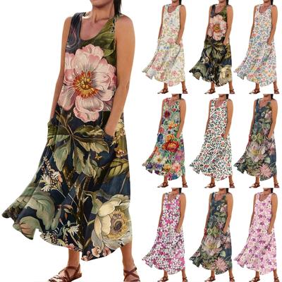 Женское повседневное удобное хлопковое карманное платье без рукавов с цветочным принтом