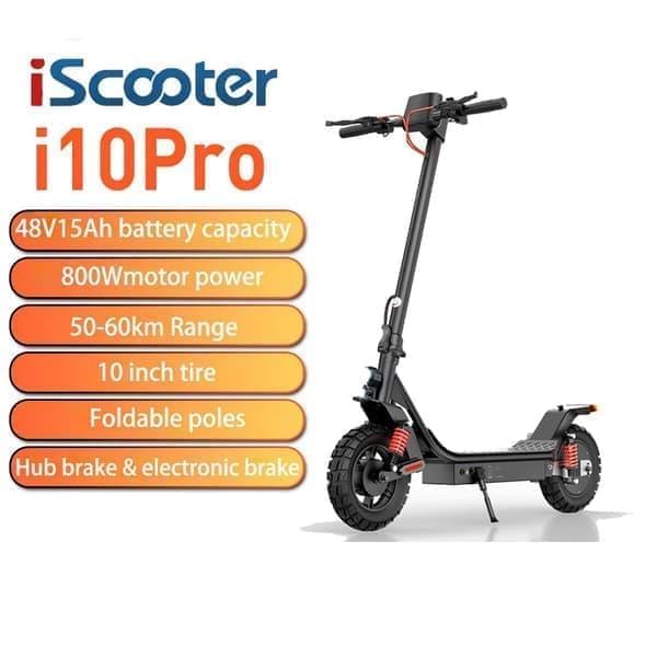 iScooter Электросамокат I10Pro 10 дюймов — двигатель 800 Вт, запас хода 50–60 км, двойная подвеска, совместимость с приложением iScooter, черный(НЕТ ЭБЭ)