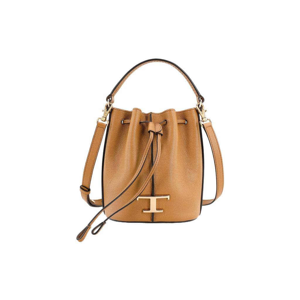 Tods Timeless Metal T Logo Drawstring Closure Leather Bucket Bag Women Bags Brown XBWTSAQ0000Q8ES410