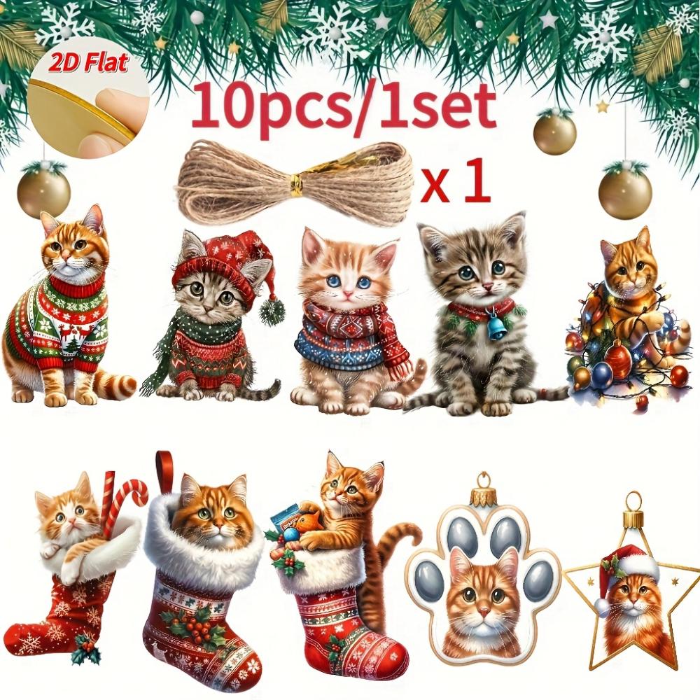 2D Flat Wooden Christmas Cat Pendant 10-piece Set - Holiday Tree Decoration, a Must for Holiday Atmosphere, Suitable for Halloween, Christmas, Gifts