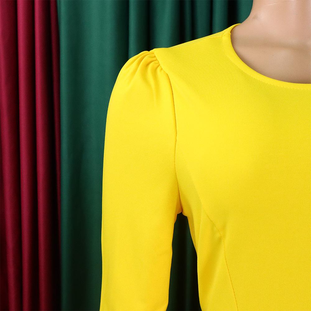 YYFS Женская мода весна осень однотонный принт с длинным рукавом и круглым вырезом с высокой талией повседневные платья