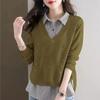 Fake Two Piece Top Knit Sweater Women's Splice Shirt Collar 2024 Spring Autumn New Korean Loose Long Sleeve Sweater Brown Shirt