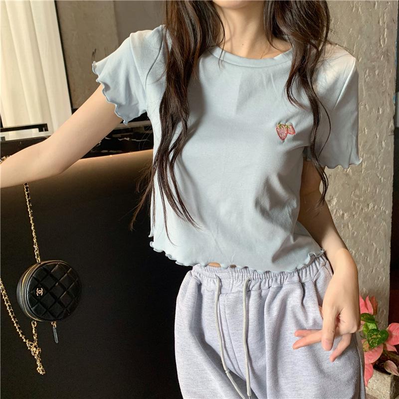 2024 Summer Hot Girl Embroidered Slim Short-Sleeve Crop Top