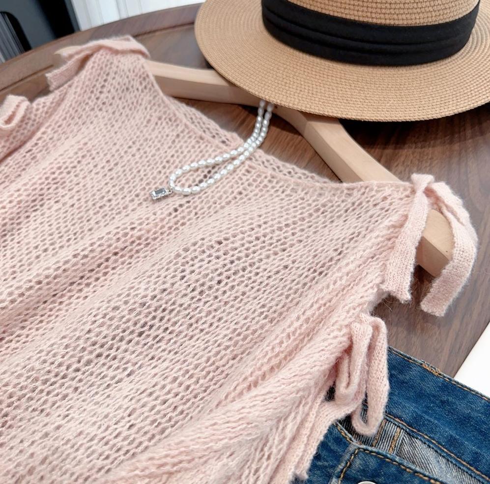 Милый розовый вязаный свитер с длинными рукавами и завязкой-бабочкой для женщин на раннюю осень. Свободный и ленивый кардиган с ажурным солнцезащитным верхом