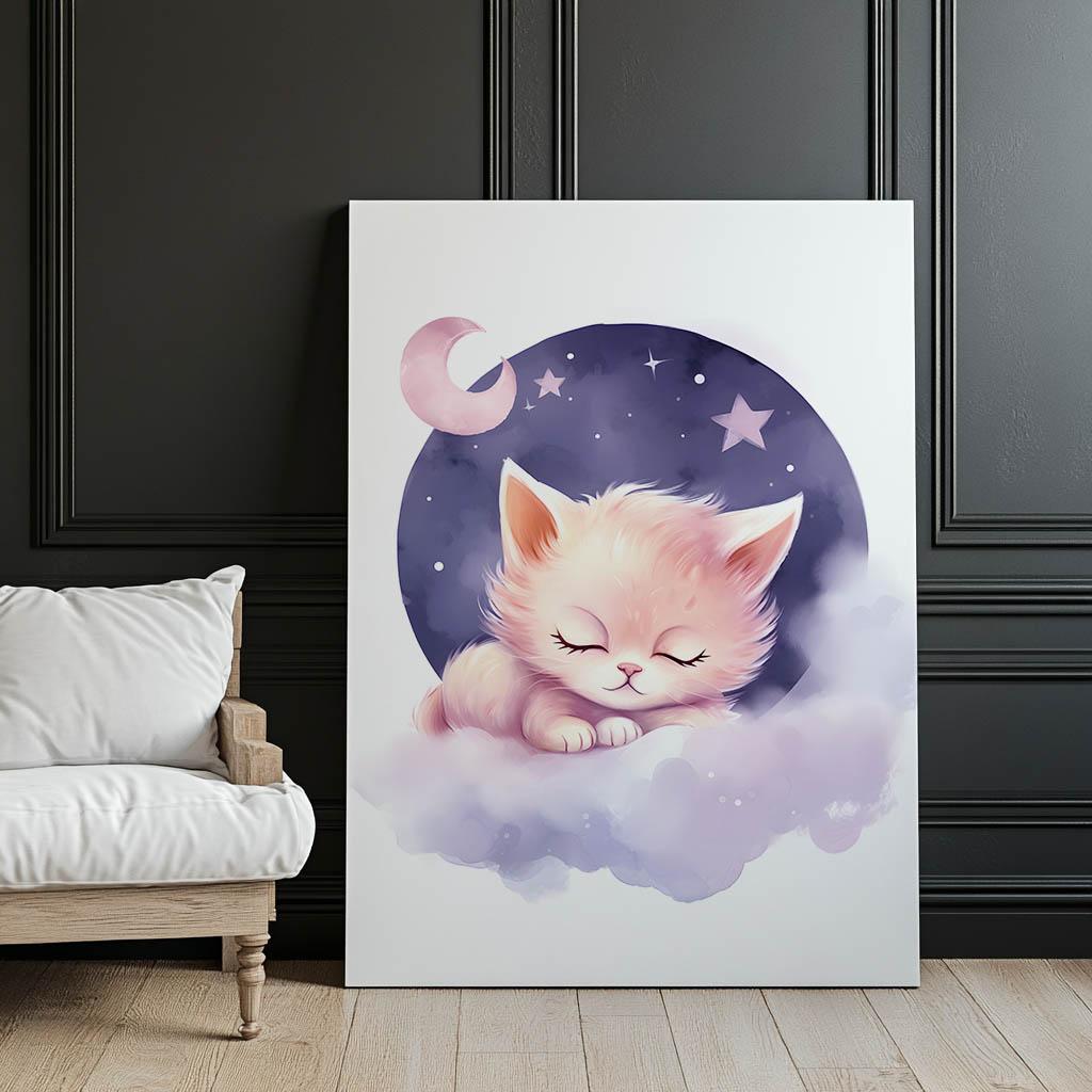 Śpiący Kotek Na Różowej Chmurce Śpiący Kotek Na Różowej Chmurce, 50X70 Cm, Bez Ramy, Płótno Premium Na Blejtramie