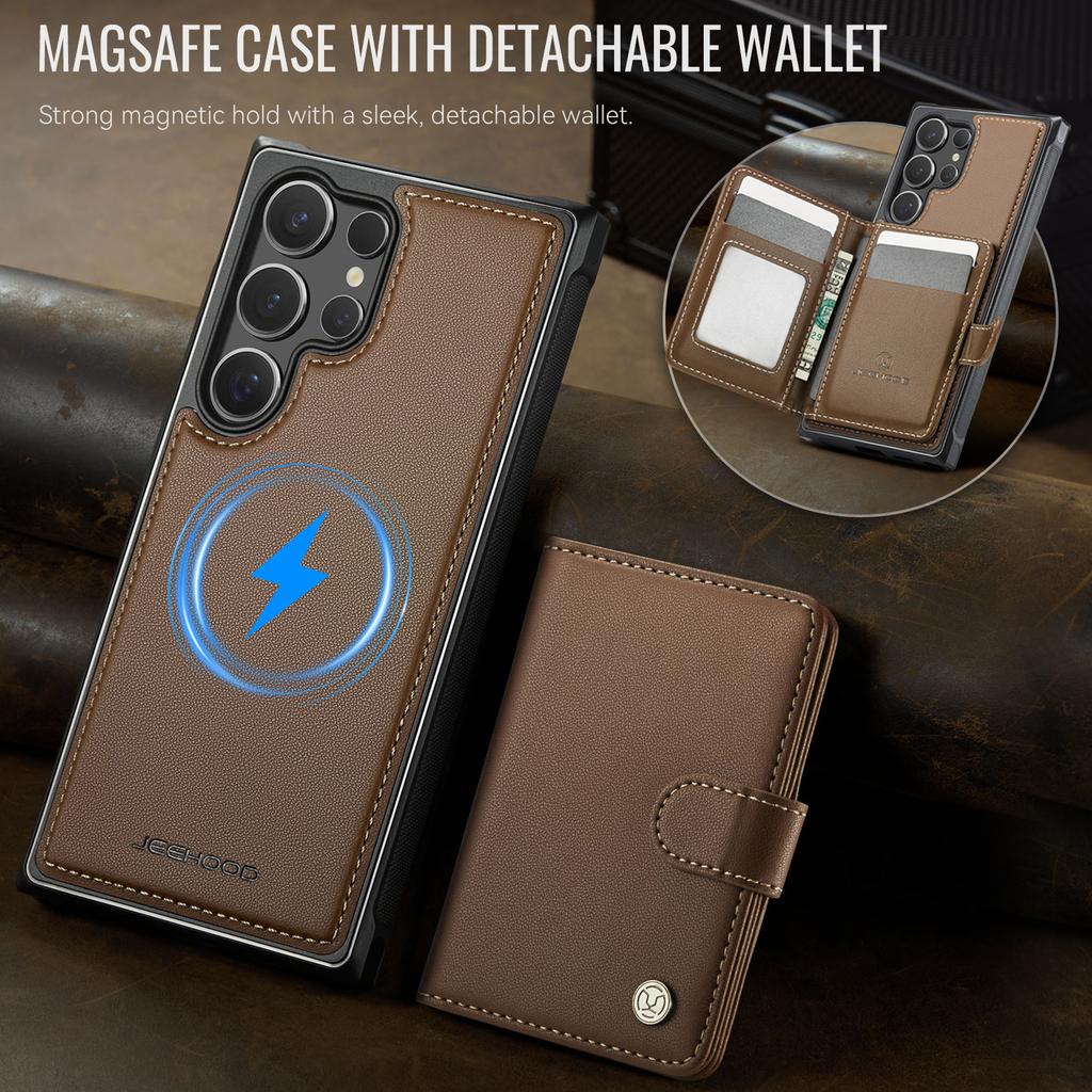 For Samsung Galaxy S26 Ultra Magnetic Case JEEHOOD J09 RFID Blocking Card Holder Leather Back Phone Cover