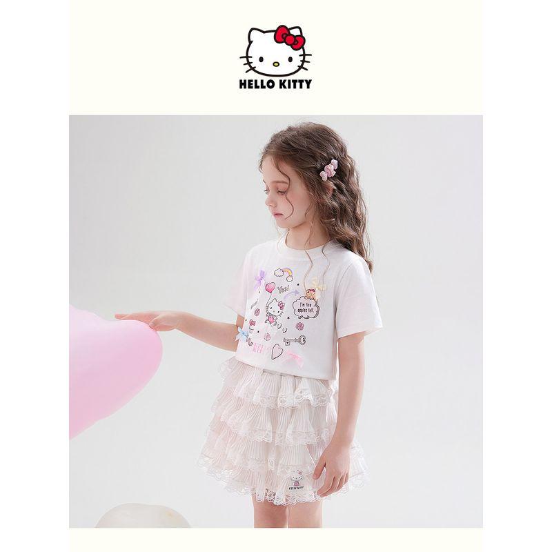Летний костюм для девочек Hello Kitty 2025 Новый Короткий рукав Юбка для девочки Детский летний костюм Комплект из двух предметов Модный набор