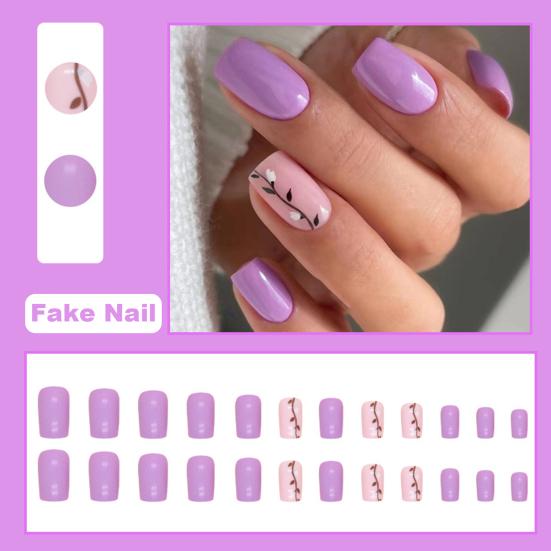 24Pcs Cute Purple-Color Gel Fake Nails Flat Head Press-On Nails Wearable FALSE