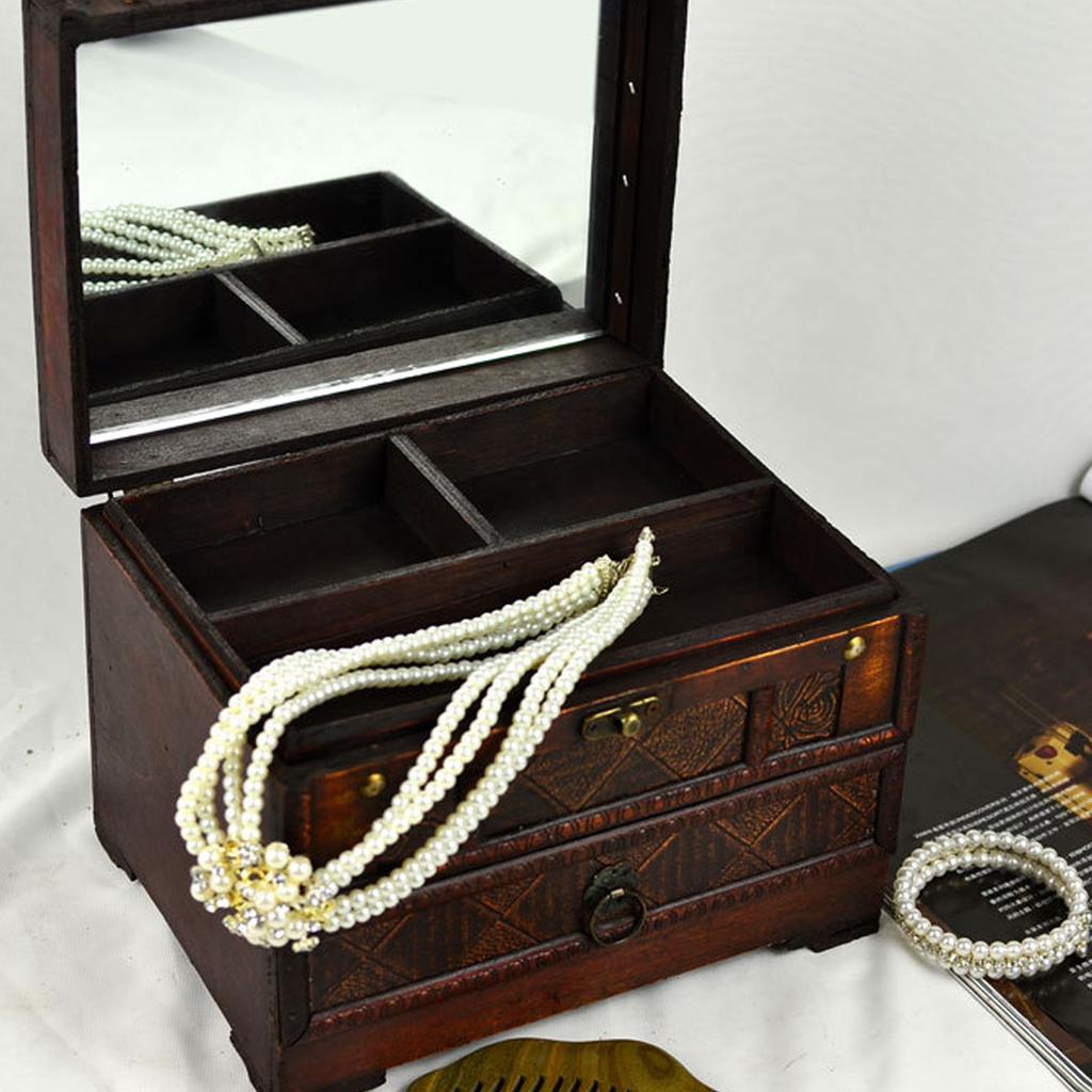 Запираемый деревянный органайзер для ювелирных изделий, сережек, ожерелий, шкатулка для безделушек в китайском стиле с зеркалом, держатель для женских аксессуаров