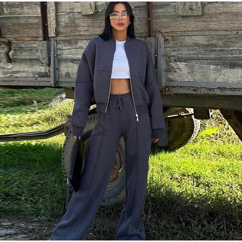 Повседневный комплект из толстовки на молнии и брюк, женская однотонная куртка-бомбер с круглым вырезом, свободные брюки со шнуровкой и высокой талией, весна-осень 2025, новые женские костюмы