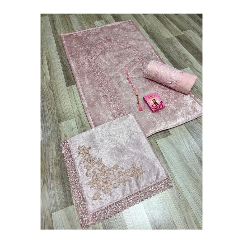 5 Piece Prayer Mat Set, Dowry Bundle Boxed, Velvet Laced Bride And Groom Set
