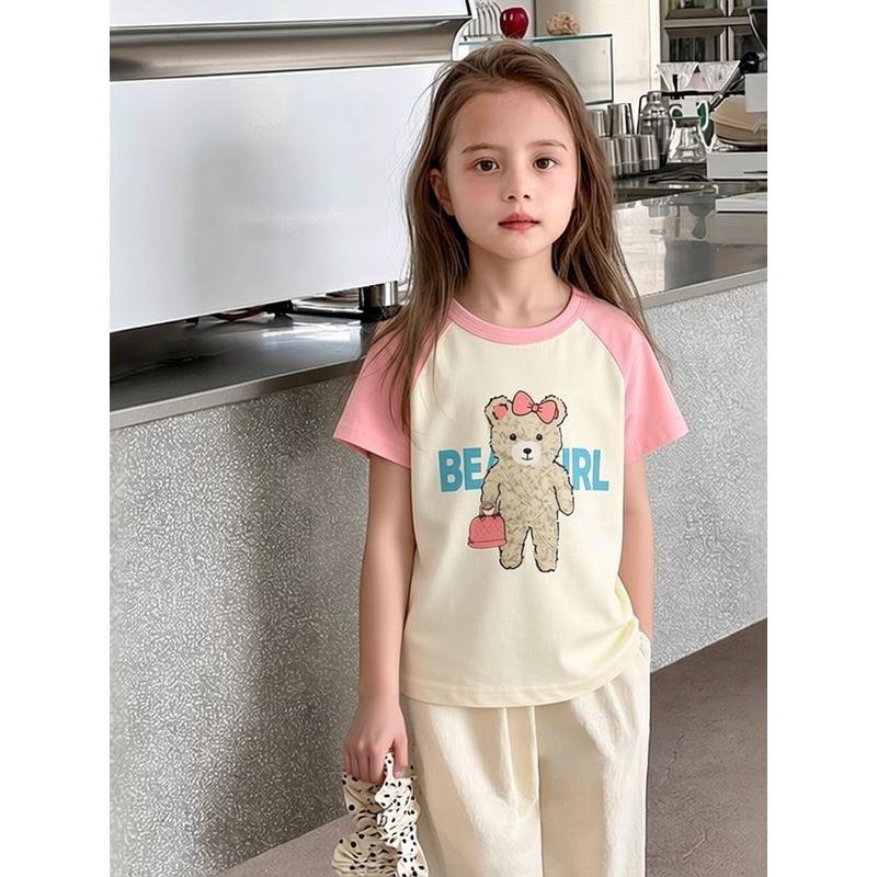 Korean Brand Export Children's Clothing Summer New Arrivals Girls' Cartoon Bear Print Pure Cotton Short-Sleeved T-Shirt Baby Clothes