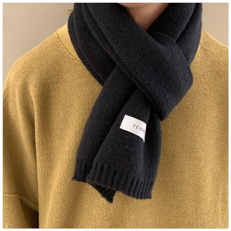 Winter Men's Scarf Solid Color Flat Knitted Wool Versatile Korean Style Japanese Couple Fashion Thickened Warm Scarf