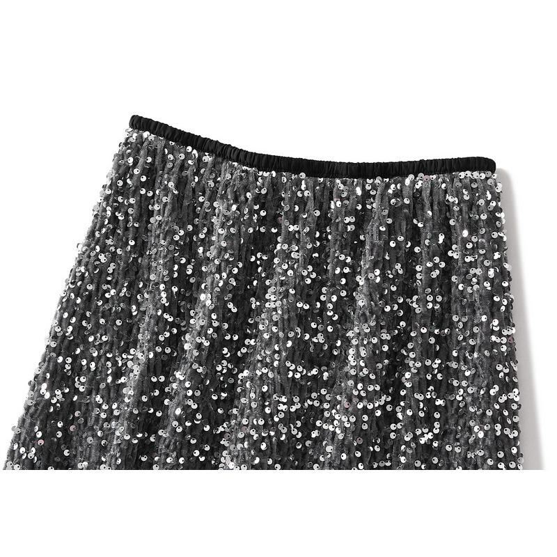 Velvet Sequins Halter Skirt Women's Package Hip Skirt Vintage Straight Mid-Length Skirt Spring and Autumn Winter Skirt