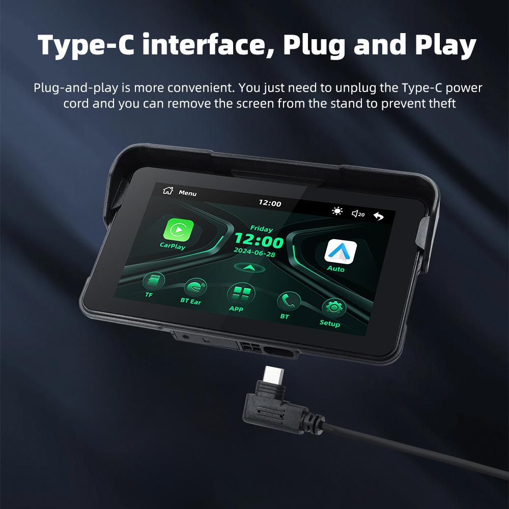Портативный 5-дюймовый CarPlay-навигатор для мотоцикла с функцией быстрого снятия и питанием от 12 В.
