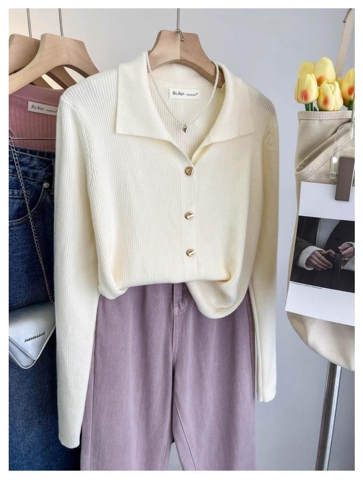 Французский элегантный лацкан вязаный свитер кардиган женский весна осень винтажная однотонная рубашка поло корейский шик под базовый слой одежды