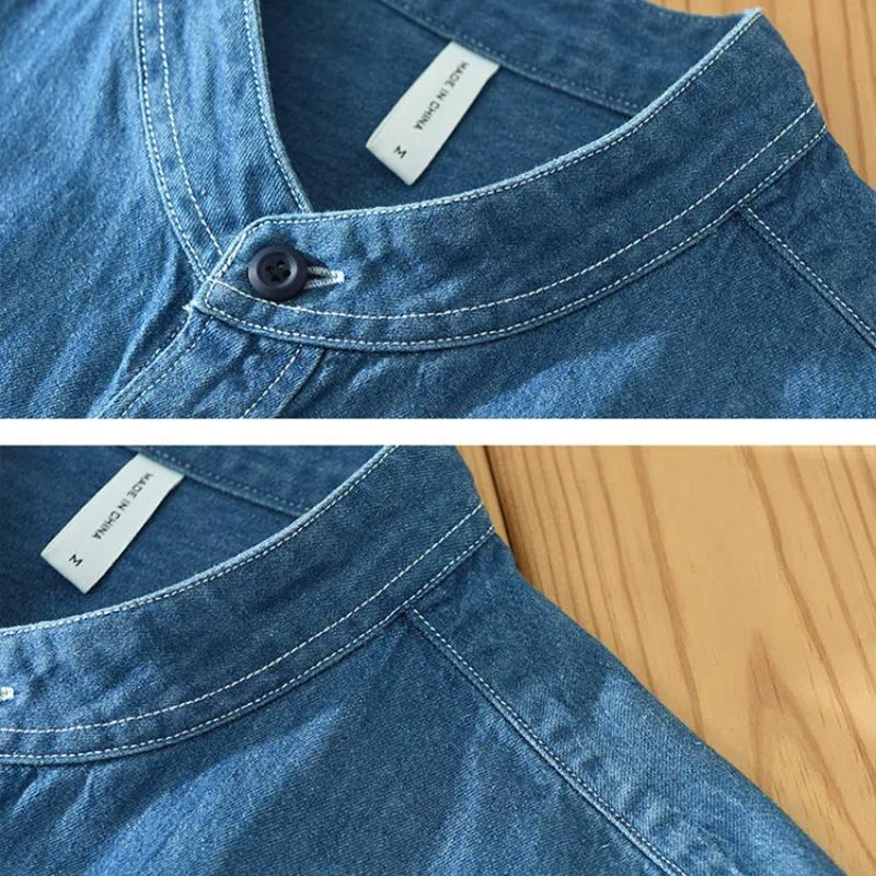 Корейский простой стиль светло-голубая джинсовая рубашка мужская весна/осень повседневные рубашки с воротником-стойкой из чистого хлопка с длинным рукавом и карманом