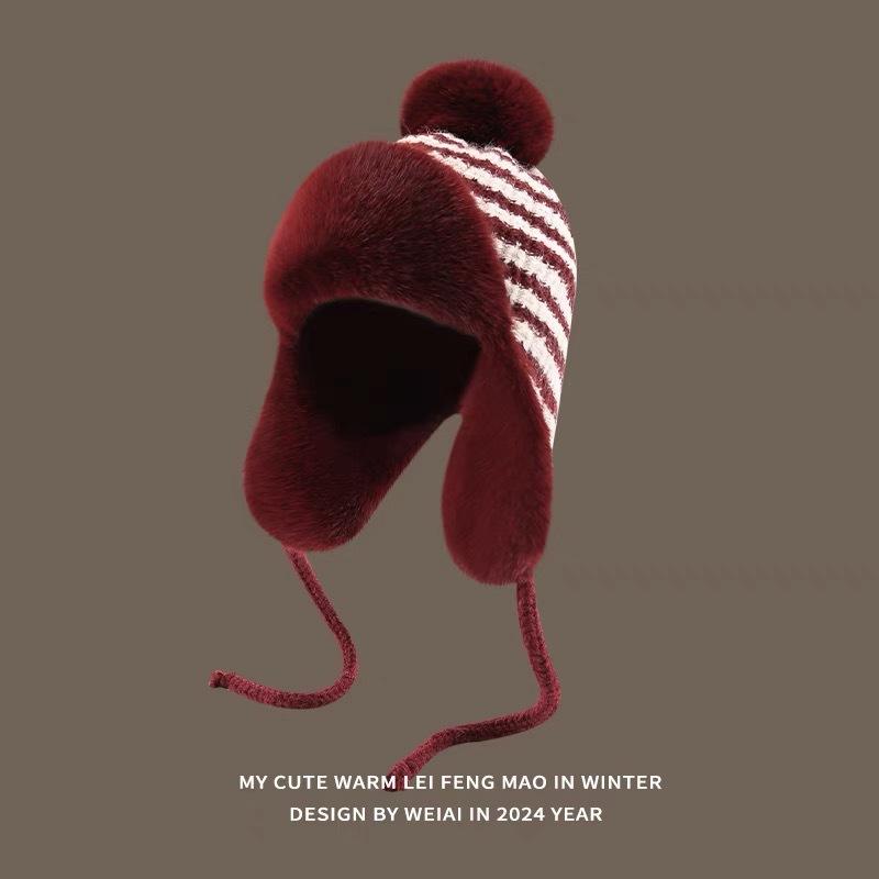 Зимняя плюшевая утолщенная шапка-ушанка из шерстяного шарика, вязаная плюшевая шапка-ушанка для защиты ушей для женщин, полосатая, ретро, для большой головы, для велоспорта