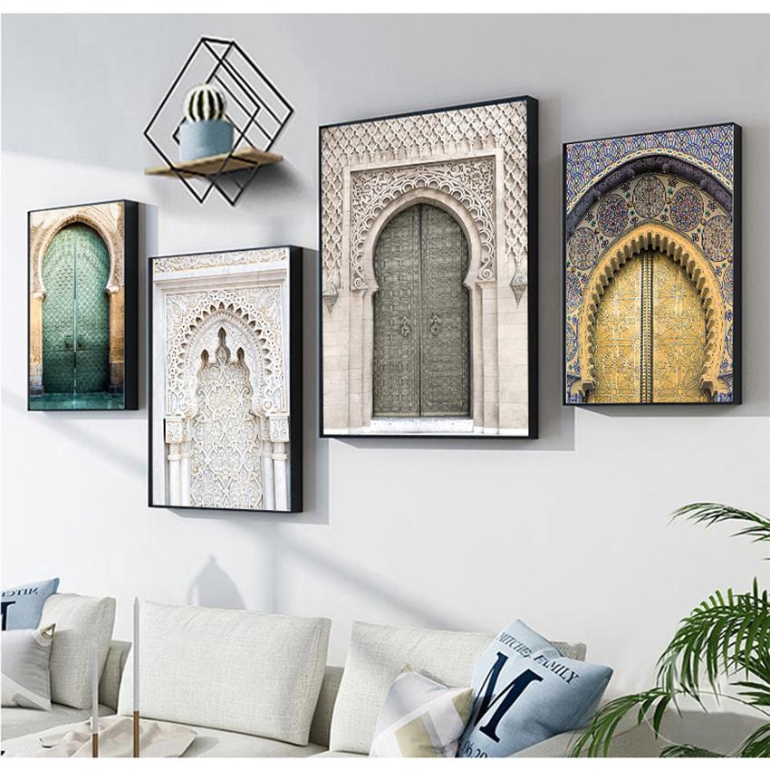 Исламская архитектура, плакат с принтом, настенные картины, декор в стиле бохо, марокканская дверь, настенное искусство, золотой Коран, арабская каллиграфия, холст, тяжелое дыхание