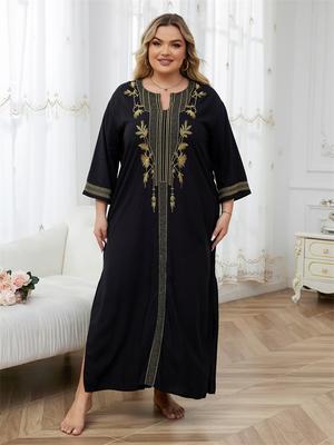 Женское черное платье-кафтан с золотой вышивкой, домашний халат больших размеров, домашняя одежда с v-образным вырезом и длинными рукавами, одежда для отдыха, пляжная одежда Q1659