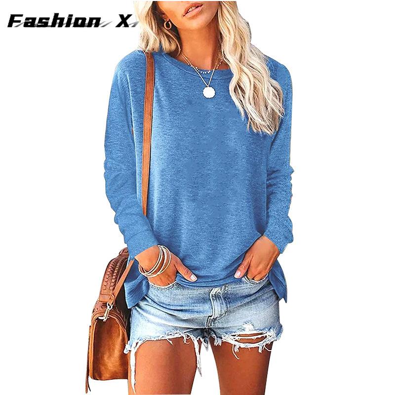 Женский свободный пуловер с круглым вырезом, однотонная женская футболка с длинными рукавами, топ