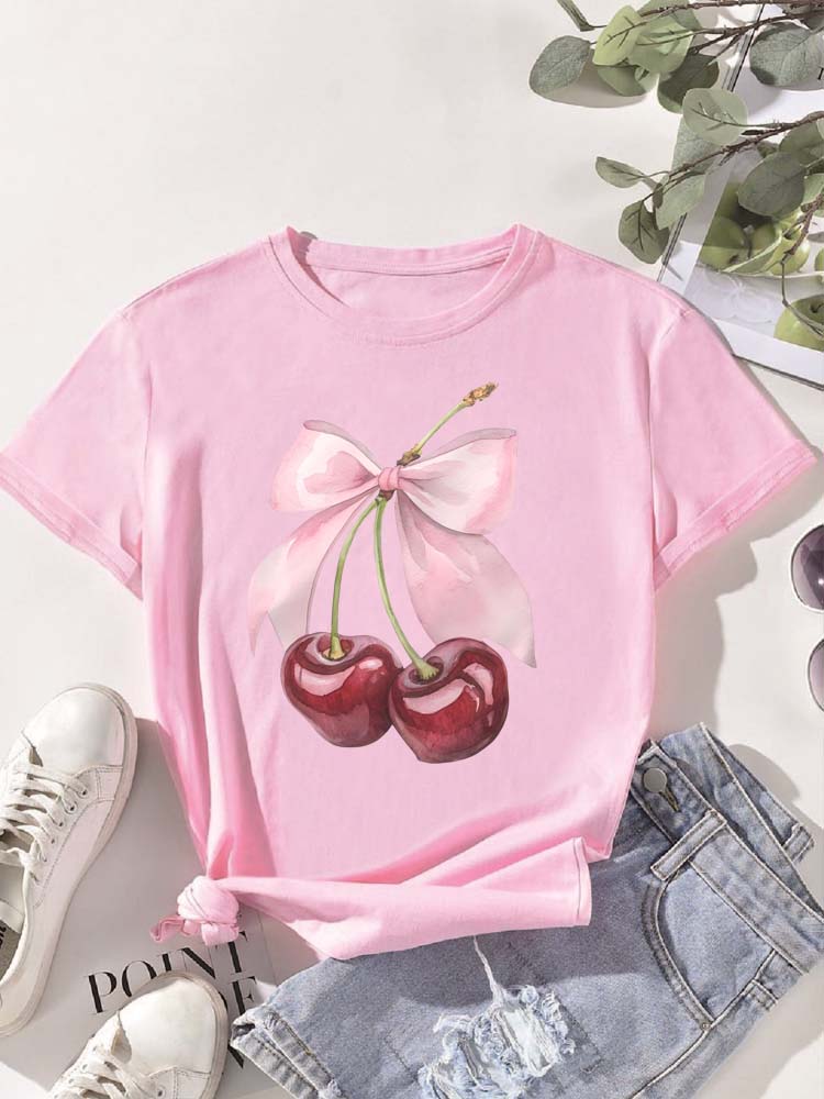 Casual Tops for Summer Spring Womens Clothing Tops Fashion Cherry Print Women TShirt Sleeve Crew Neck Aesthetic Clothes