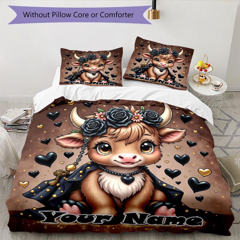 3PC Custom Name Fantasy Cow Flowers Bedding Set Printed Bedding Set Duvet Cover Closure Includes 1 Duvet Cover & 2 Pillowcases for All Seasons Bedroom