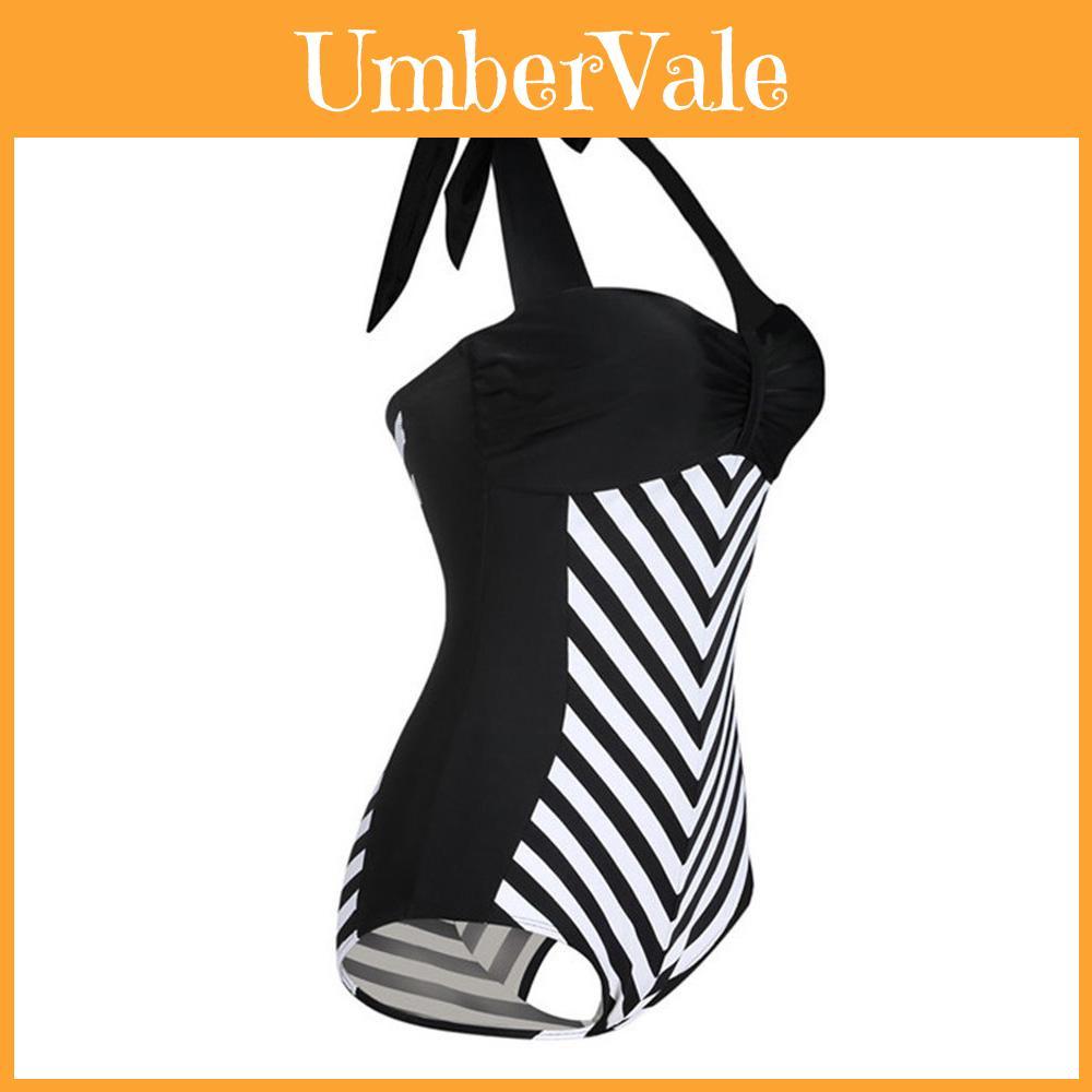 Elegant Plus Size Racy Black Halter Low Cut Beachsuit For Striped Swimwear Women