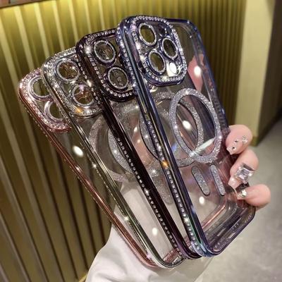 Подходит для iPhone 16 Магнитный чехол для мобильного телефона Прозрачный Гальванизированный край Алмазный Блестящий порошок Apple 14/15 Promax Силиконовый