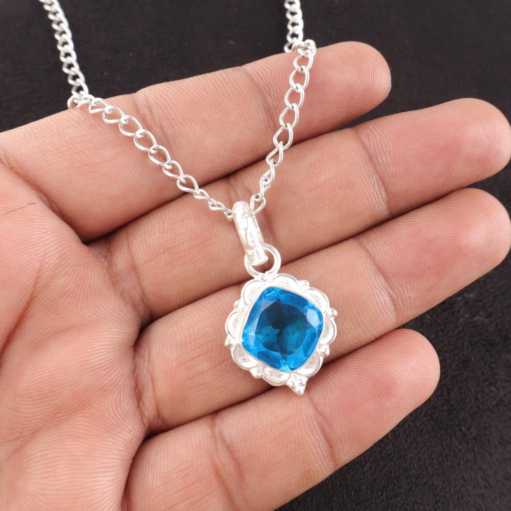 Cushion Swiss Blue Topaz Stone Sterling Silver Artisan Sisters Gift New Pendant PP-2-7