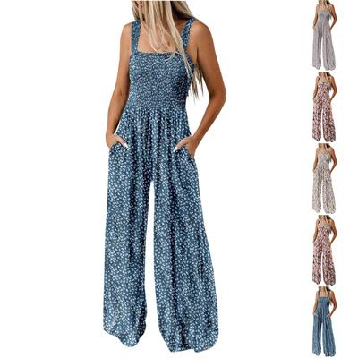 Женский комбинезон с широкими штанинами, плиссированными бретелями и карманами с принтом