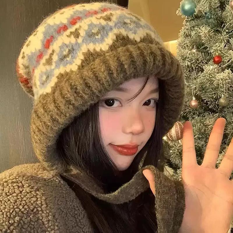 Женская вязаная шапка из смешанной шерсти в стиле ретро, шапка для сохранения тепла, большая, для головы, холодостойкая шапка для мужской головы