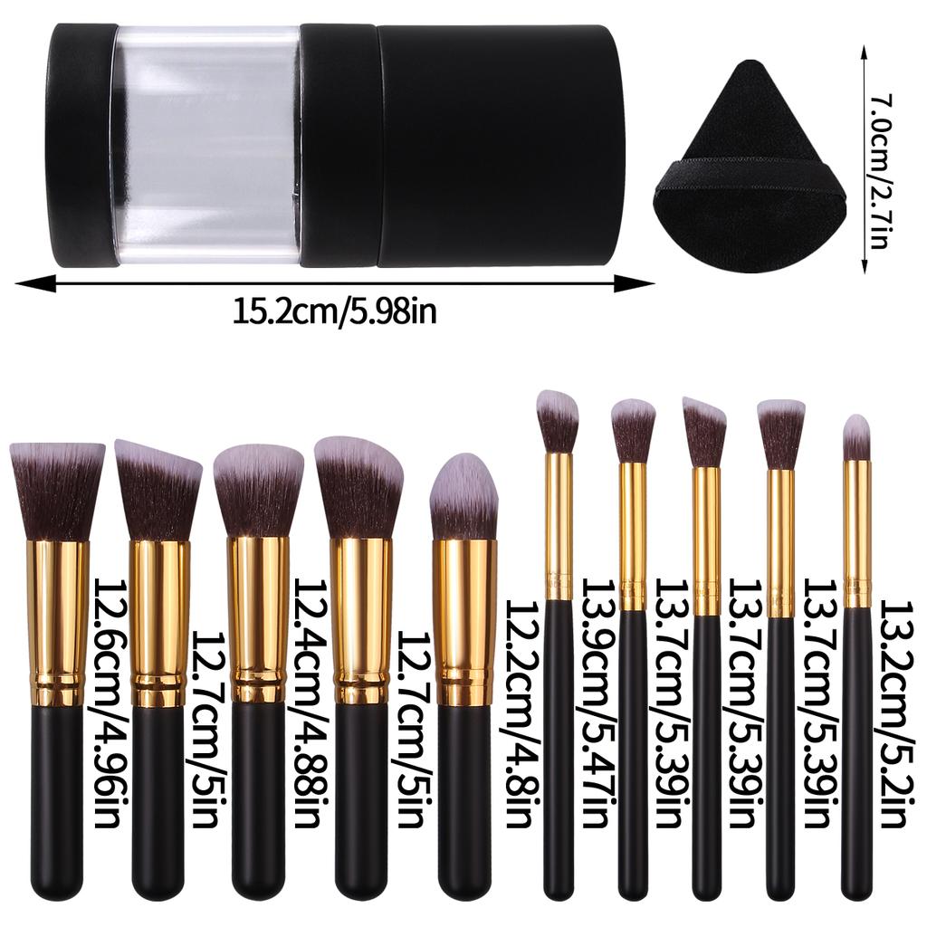 13PCS Black PU Storage Bucket Set of 10 Soft-bristled Makeup Brushes, Portable Dry and Wet Dual-purpose Sponge Powder Puff Set