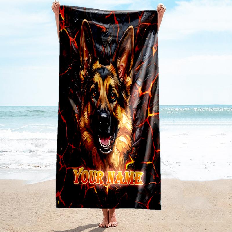 1PC Custom Name Lava German Shepherd Portrait Beach Towel Highly Absorbent And Sand-Resistant Towel for Swimming, Pool, Yoga, And Travel Lightweight
