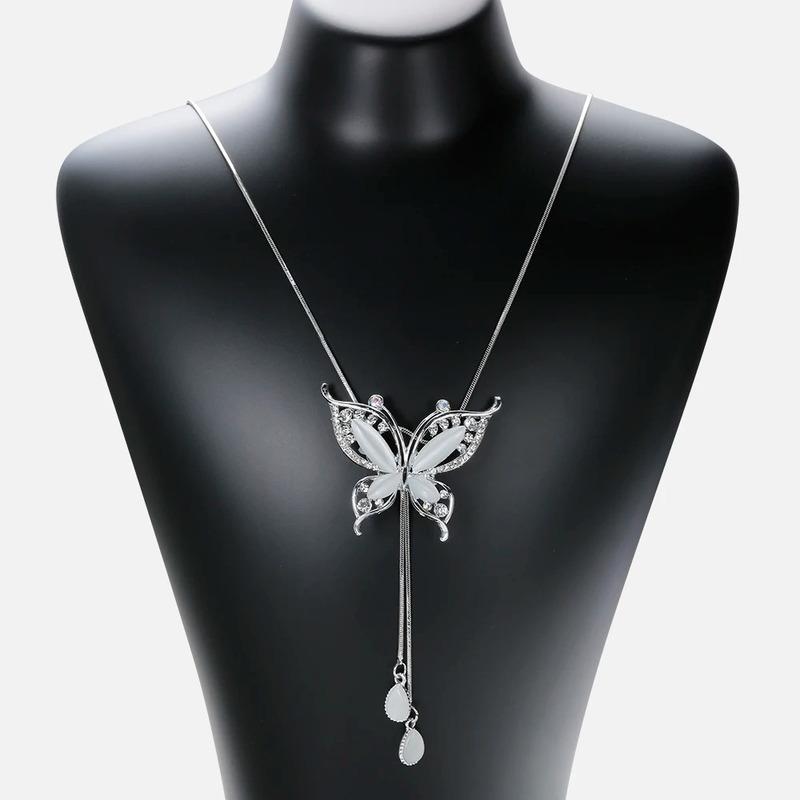 Модное длинное ожерелье с бабочкой-опалом, цепочка для свитера, металлический кулон с кристаллами, ожерелья, аксессуары на шею, модные ювелирные изделия для женщин