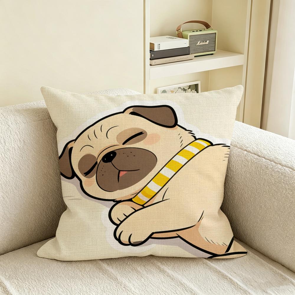 C-Cartoon Pet Pug Cushion Cover Natural Linen Pillowcase Set, All-In-One Decor For Sofa, Bedroom & Chair