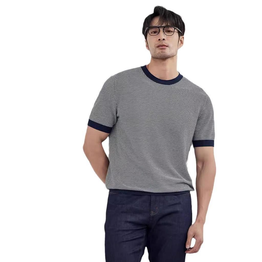 Мужское полосатое поло 2024 года: Трикотажная футболка с коротким рукавом и универсальным круглым вырезом