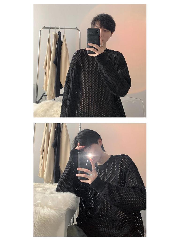 Men's Summer Thin Grid T-Shirt: Trendy Hong Kong Style, Hollow Knit, Long Sleeve, Round Neck Cover-Up