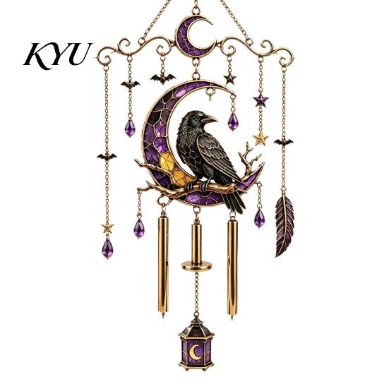 Easy Installation Metal Chain Ornaments Halloween Stained Glass Style Wind Chime, Acrylic Suncatcher Hanging Ornament with Ghost Black Cat Chimes