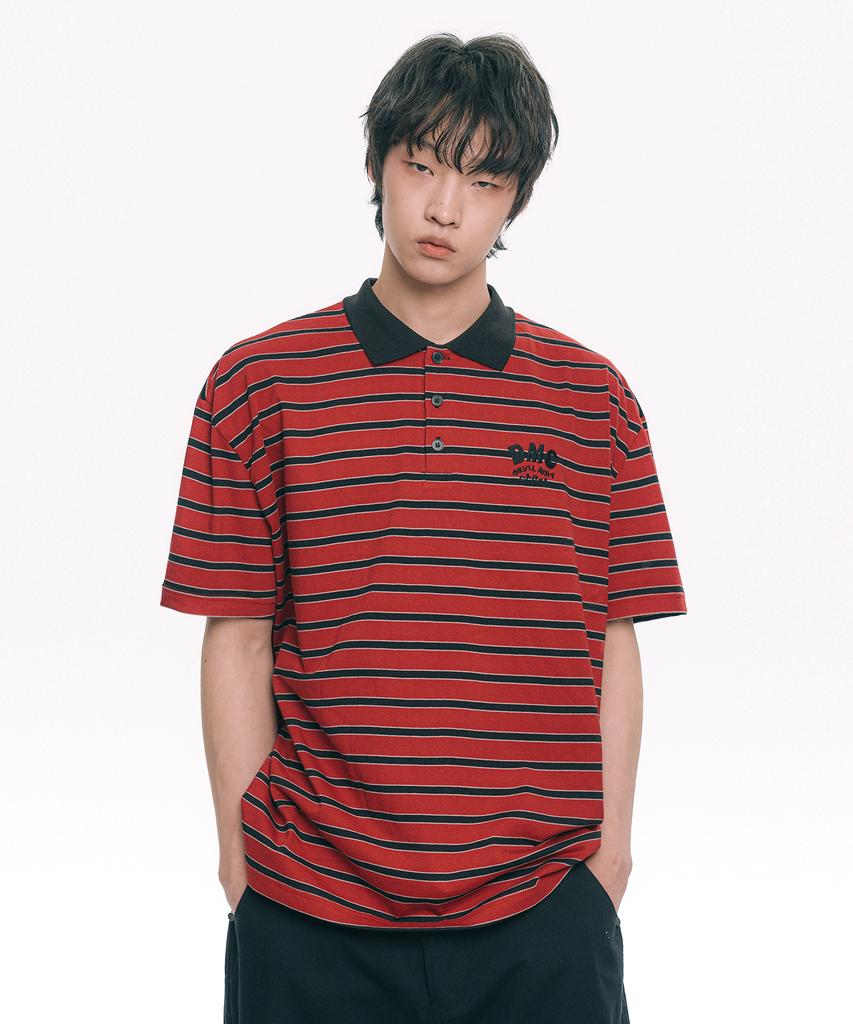 MOO Striped Collared Short Sleeve Tee - Red