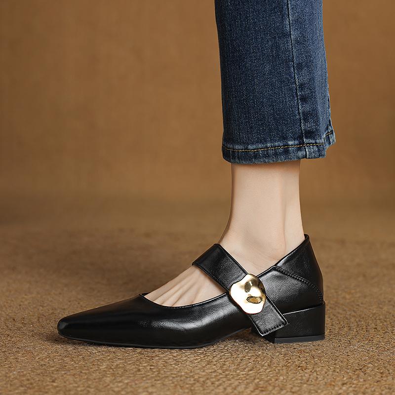 Women Nature Suede High Thick Heels New 2025 Spring Black Apricot Square Toe Pumps Elegant Lady Metal Decoration Shoes